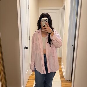 Bershka Light Pink and White Striped Shirt fit oversized